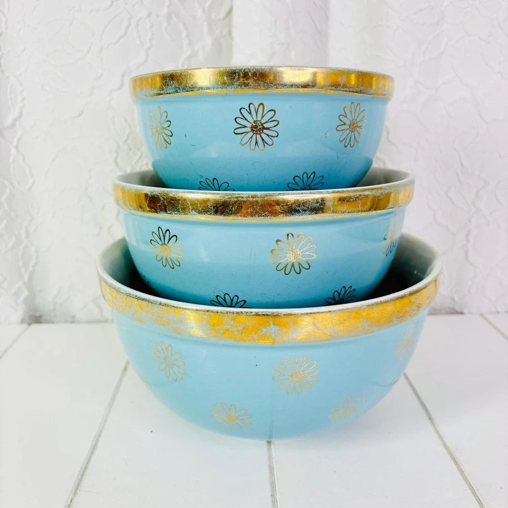 Vintage Hall China Nesting Bowls, Blue and Gold Daisy, Set of 3